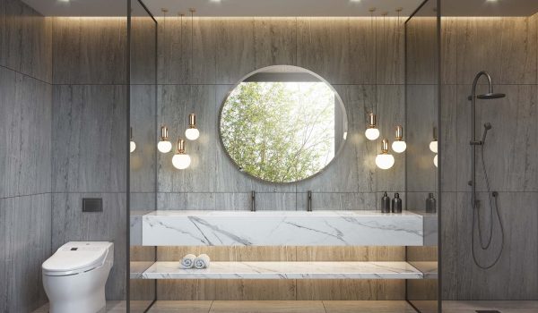 Modern bathroom with grey and white marble and hanging lamps